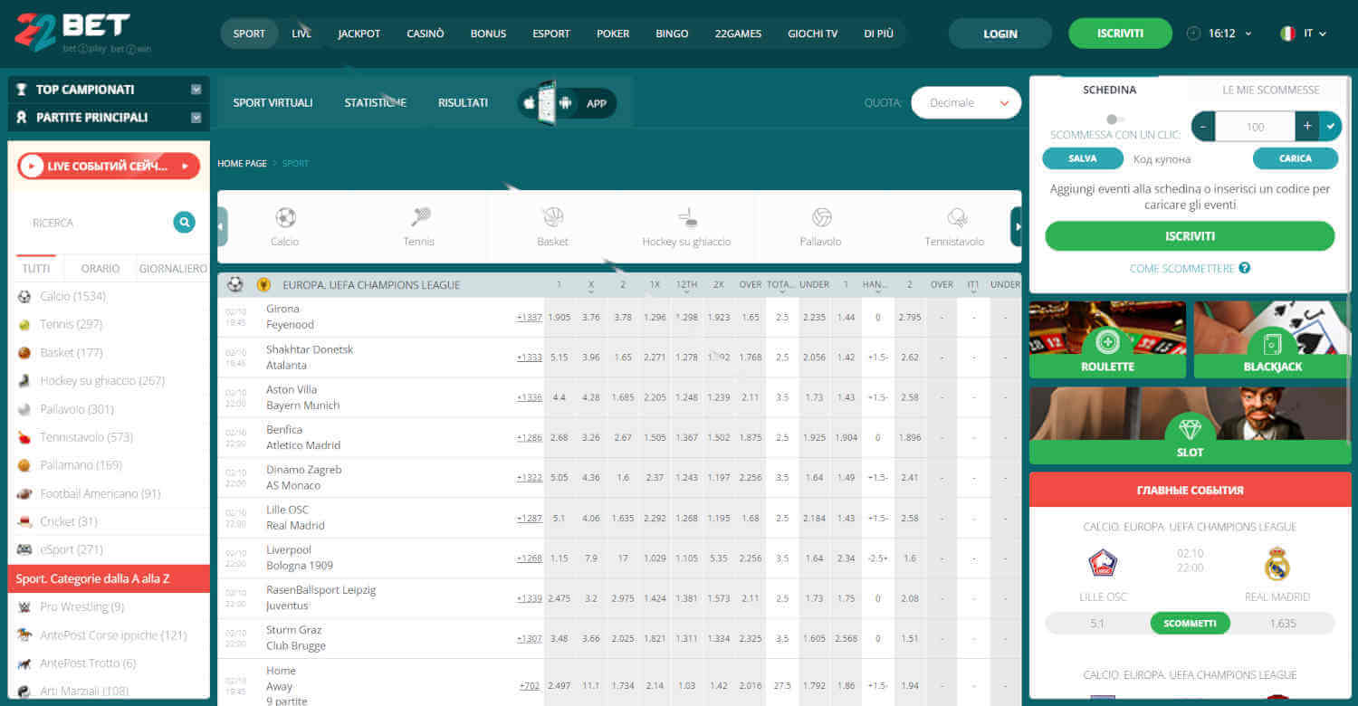 Scommesse sportive su 22Bet