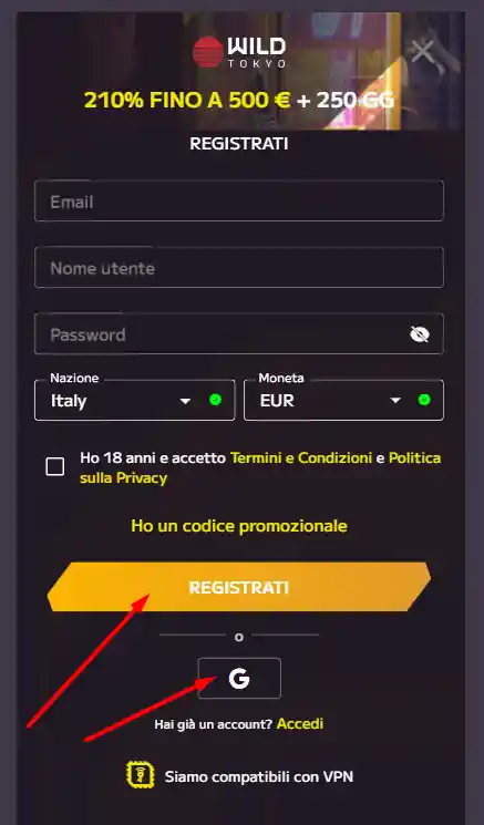 Passo 1: Registrati a un casino non AAMS