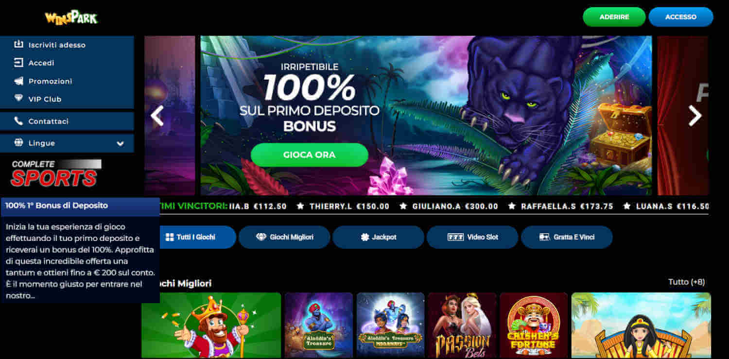 Winspark casino con bonus senza deposito immediato senza invio documenti non aams