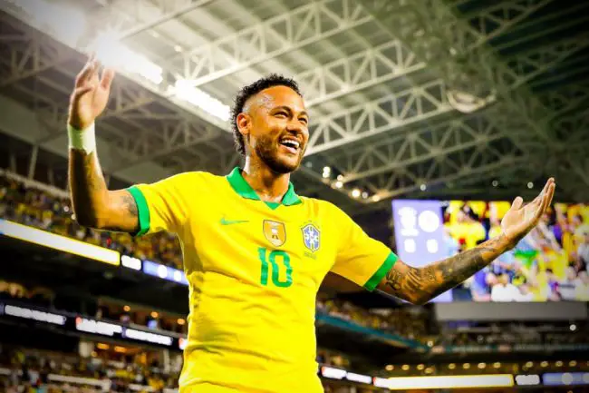 Neymar celebrates after scoring for Brazil against Colombia