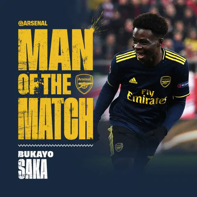 Record breaker Saka Voted Arsenal's Man of The Match In Win vs Olympiakos