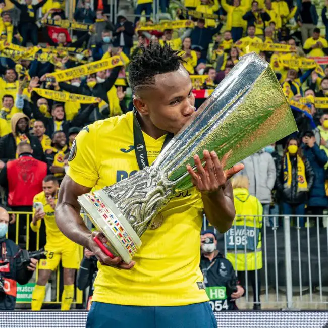 Samuel Chukwueze is in buoyant mood following Villarreal's victory against Manchester United in the final of the Europa League