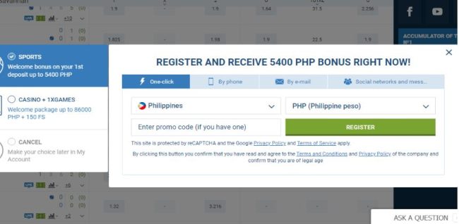 1xbet phillipines one click registration