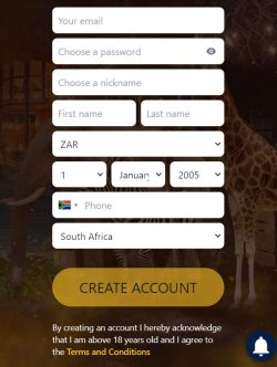 Zar Casino Registraion form