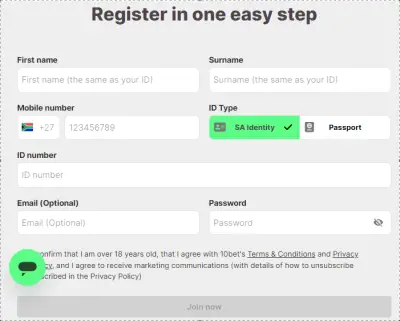 10bet south africa registration form