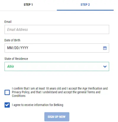 betking registration second page