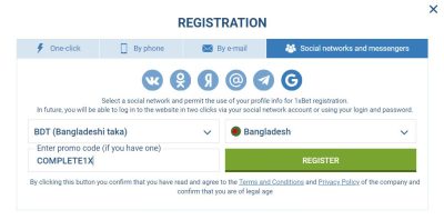 1xBet Social Media Registration