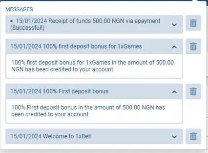 1XBET WLCOME BONUS RECEIVED 