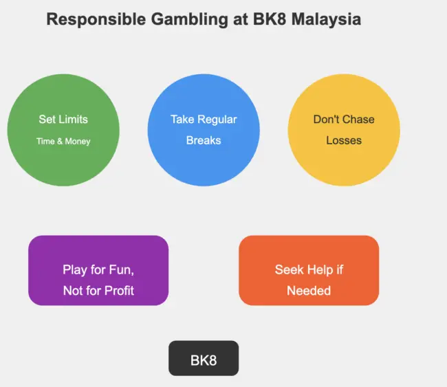 Infographic on Responsible Gambling at BK8 Malaysia. Five colorful circles and rectangles highlight key tips: Set Limits, Take Regular Breaks, Don't Chase Losses, Play for Fun Not for Profit, and Seek Help if Needed. BK8 logo at the bottom.