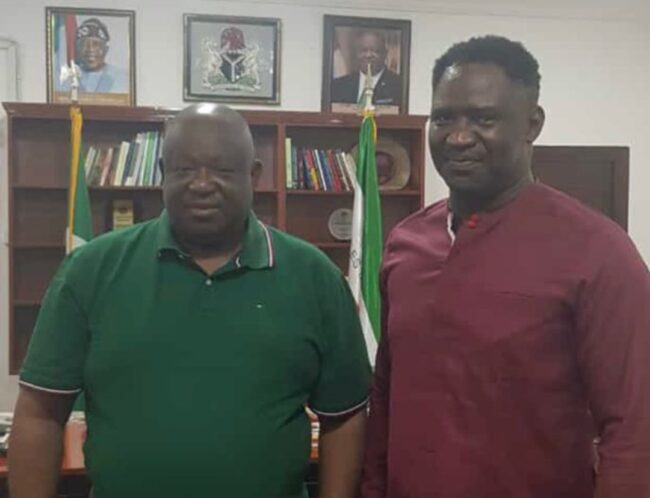 Ben Akwuegbu (right) with Plateau StBarrister plateau-state-governor-barrister-caleb-manasseh- mutfwang-benedict-akwuegbu-plateau-united-npfl